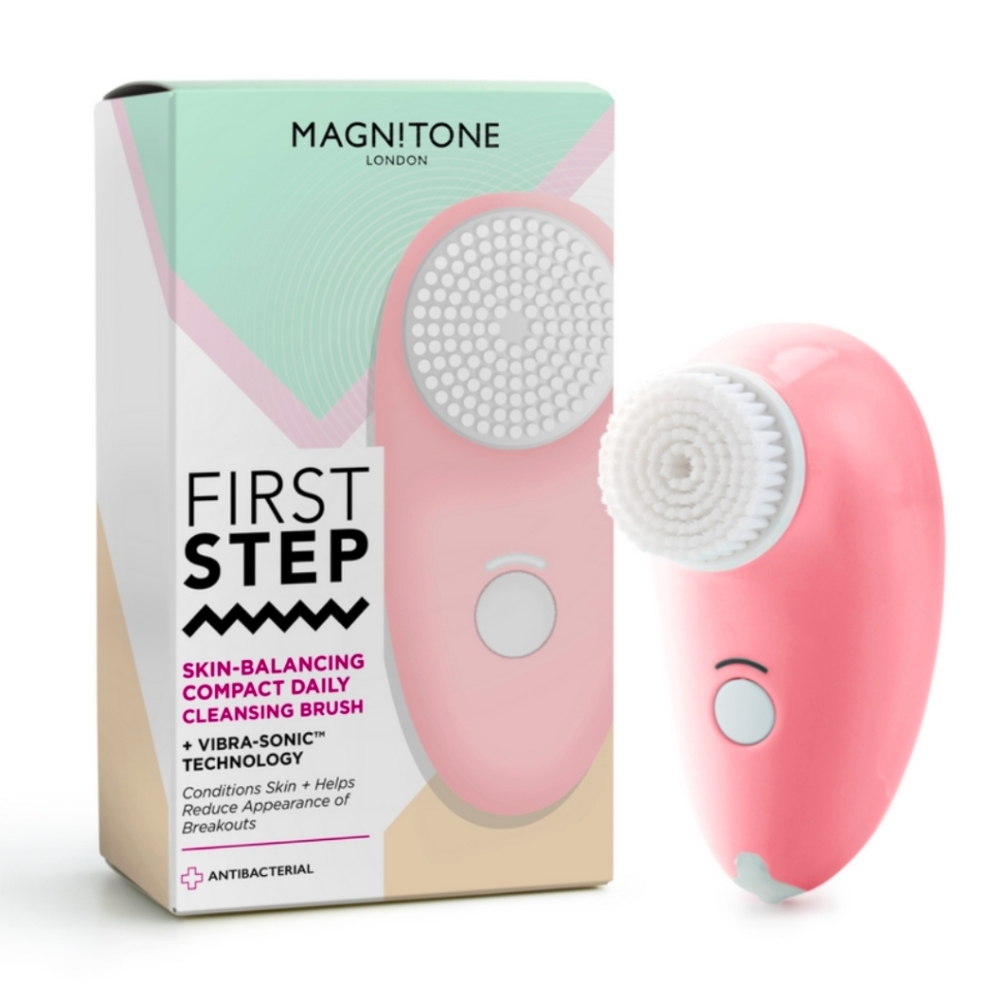 MAGNITONE FIRSTSTEP SONIC FACIAL CLEANSING COMPACT BRUSH CORAL PINK SEALED